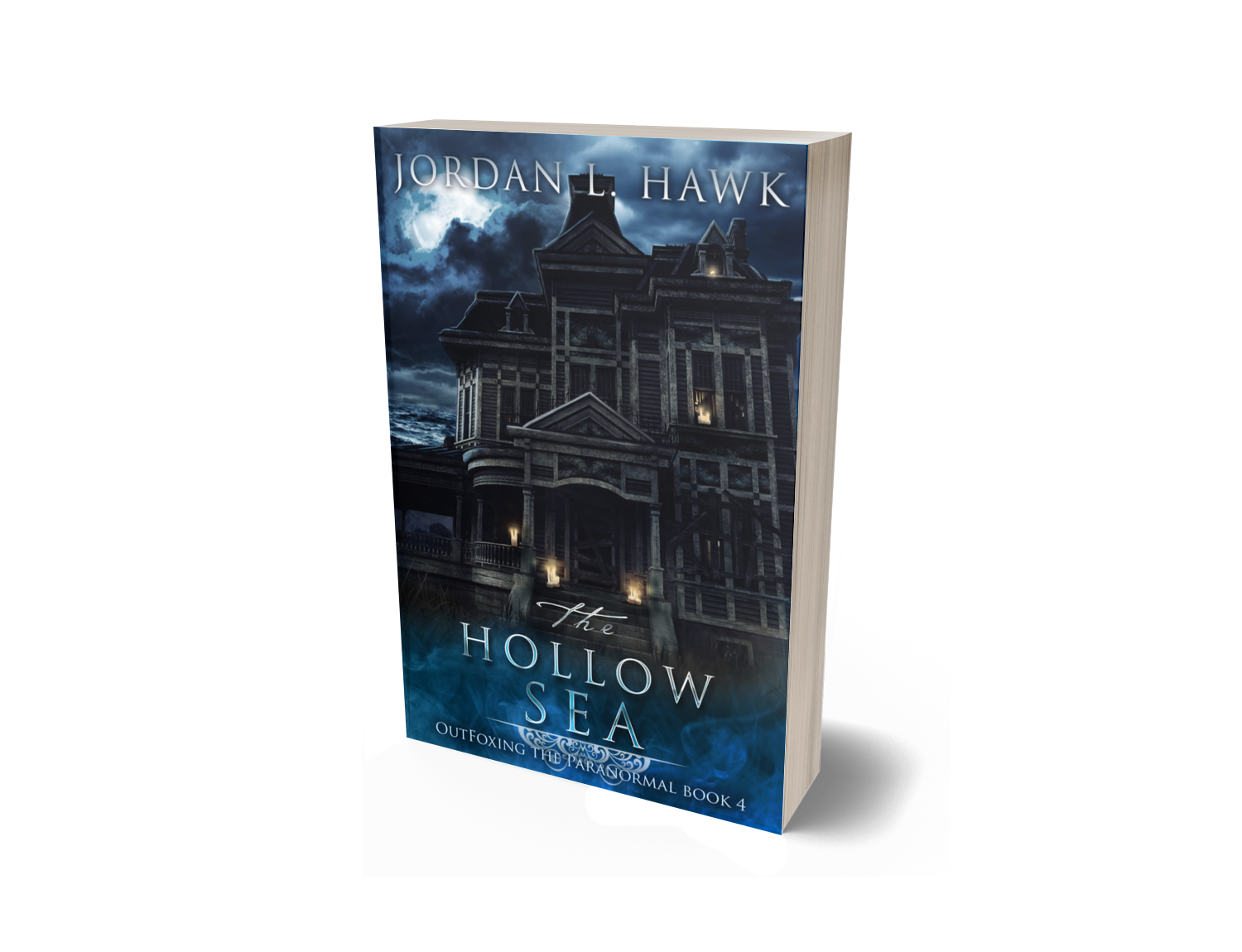 Paperback book depicting a house from the early 1900s, in front of a troubled ocean. The house is in an advanced state of decay, but there are eerie candles on the porch and in the windows. The sky is stormy, with a full moon peeking out between the clouds. Text: Jordan L. Hawk, The Hollow Sea, OutFoxing the Paranormal Book 4
